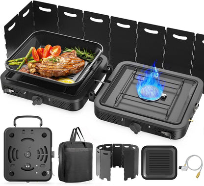 2 Burner Portable Camping Stove Propane, Folding Propane Stove for Camping, Camp Stove with 17,000 BTU,Two Adjustable Burners Gas Camping Stove with Carrying Bag for Outdoor Cooking,BBQ