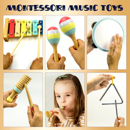 MINIARTIS Musical Instruments Set - Montessori Wooden Toys for Toddlers 1-3 | Modern Boho Baby Xylophone with Songbook | Neutral Colors Percussion Instruments | Kids Preschool Educational