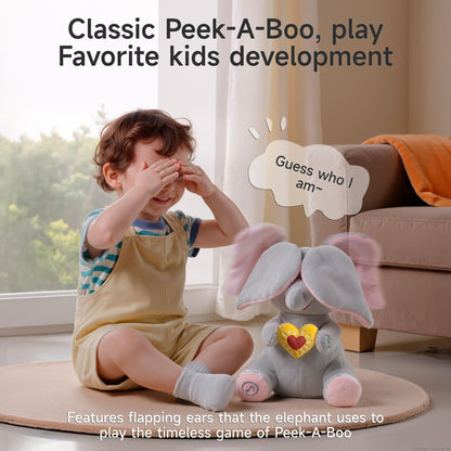 eJog Pup Peek a Boo Elephant Toy, Interactive Singing Plush Elephant Toy with Flapping Ears and Hearts, Musical Stuffed Animal for Babies and Toddlers
