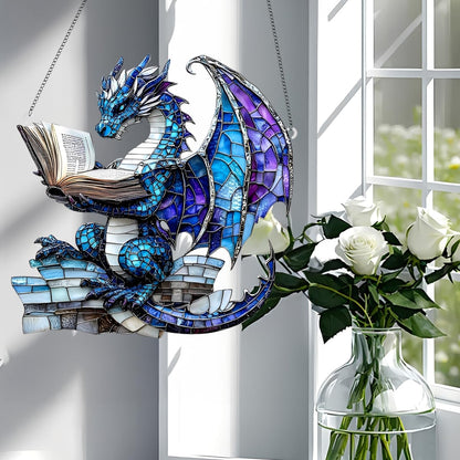 1PC Blue Dragon Reading Acrylic Suncatcher Hanging, 7.08 inch Window Decor with Printed Stained Glass Style Design, Rainbow Maker Wall Art, Gift Idea & Garden Ornament Indoor Outdoor Use/DW-17