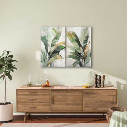 Botanical Wall Art Set Hand Painted, for Living Room plant wall art,Green Tropical Plant Leaf Wall Decor, Modern Banana Leaf Wall Painting, for Bedroom, Dining Room, Office - 12x20 Inch 2pack
