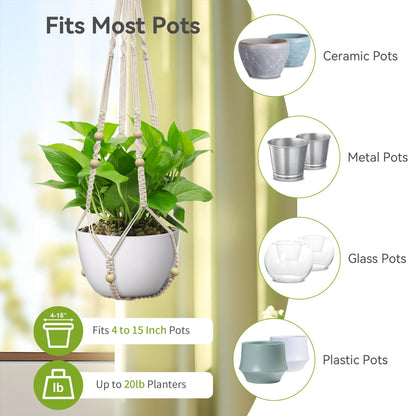 USLAI Macrame Plant Hanger Indoor Outdoor, Fits 4 to 15 Inch Pots, Strong Hanging Planter Holder, Boho Home Decor, 23+29+35 Inch, Ivory (POTS NOT Included)