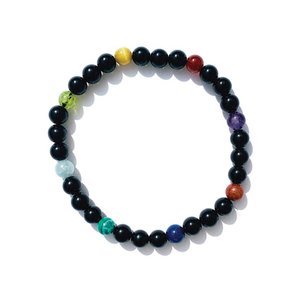 Joyfulmuze Black Obsidian Stretch Bracelet for Men, Multiple Natural Gemstones Yellow Tiger Eye, Green Peridot, Amethyst, Wood, Carnelian, Malachite, Aquamarine, Handmade Gift Chakra Jewelry, 6mm
