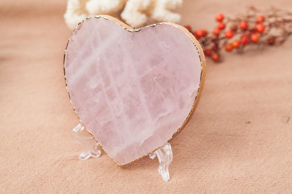 AMOYSTONE Large Heart Stone Rose Quartz Healing Crystals Birthday Gifts for Women, Natural Reiki Meditation Pink Crystal Gilded Edge Heart Shaped 3.5-4"/pc with Plastic Bracket