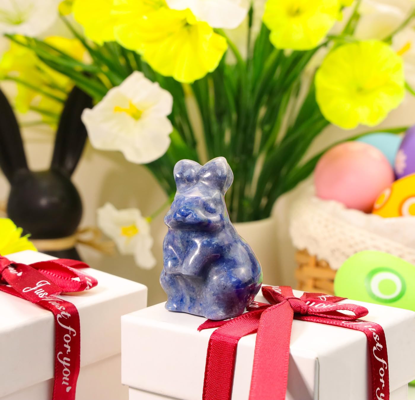 DUQGUHO Blue Aventurine Bunny Decor Crystals Rabbit Statue Pocket Polished Natural Gemstone Crystals Figurines for Easter Decoration Office Room Desk Decor 1.5’’ Gifts Gifts for Women 1PC