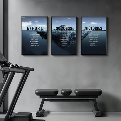 Framed Motivational Wall Art for Office Decor, Set of 3 Inspirational Modern Iceberg Canvas Wall Art Prints, Navy Blue Effort Success Victory Quotes for Home Office Gym Wall Decor, 16x24