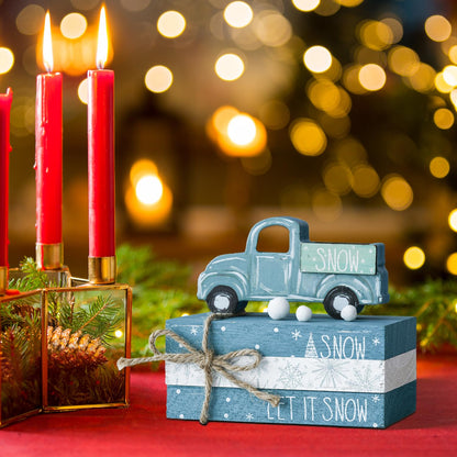 Smile Christmas Wooden Books Stack, Let it Snow Faux Books Bundle, Car Tiered Tray Decorations, for Home Table Mantle Shelf.