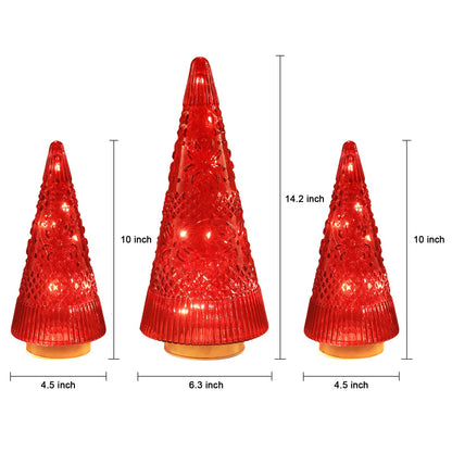 PHITRIC Christmas Decorations Indoor, 3 PCS Sparkling Glass Red Christmas Tree Table Centerpieces Decor with LED Lights and Timer, Xmas Tree Decorations for Home, Mantel, Shelf, Office, Tabletop