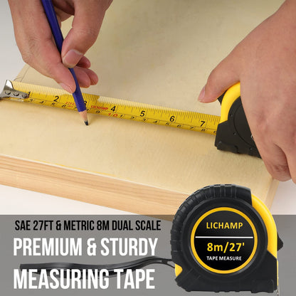 Lichamp 27FT/8M SAE and Metric Tape Measure 6 Pack, Retractable and Easy Read Measuring Tape Bulk Set, Min 1/8 inch Fraction and 1mm Scale