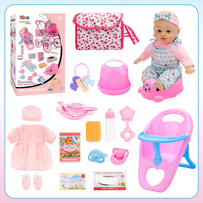 deAO Baby Doll Stroller Set Baby Doll Accessories Playset Pretend Play Toys with 12" Baby Doll,Foldable Stroller,2 Sets Doll Clothes High Chair Christmas Birthday Gift for Toddler Girls 3-7