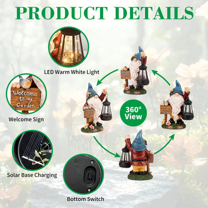 ZQQLITE Garden Gnome Statues Figurine Lights - Solar Powered Lighting Outdoor Decorations with Lantern & Welcome Sign, Yard Art Lawn Ornaments for Porch Patio Balcony - Gnome Gifts for Women Mom