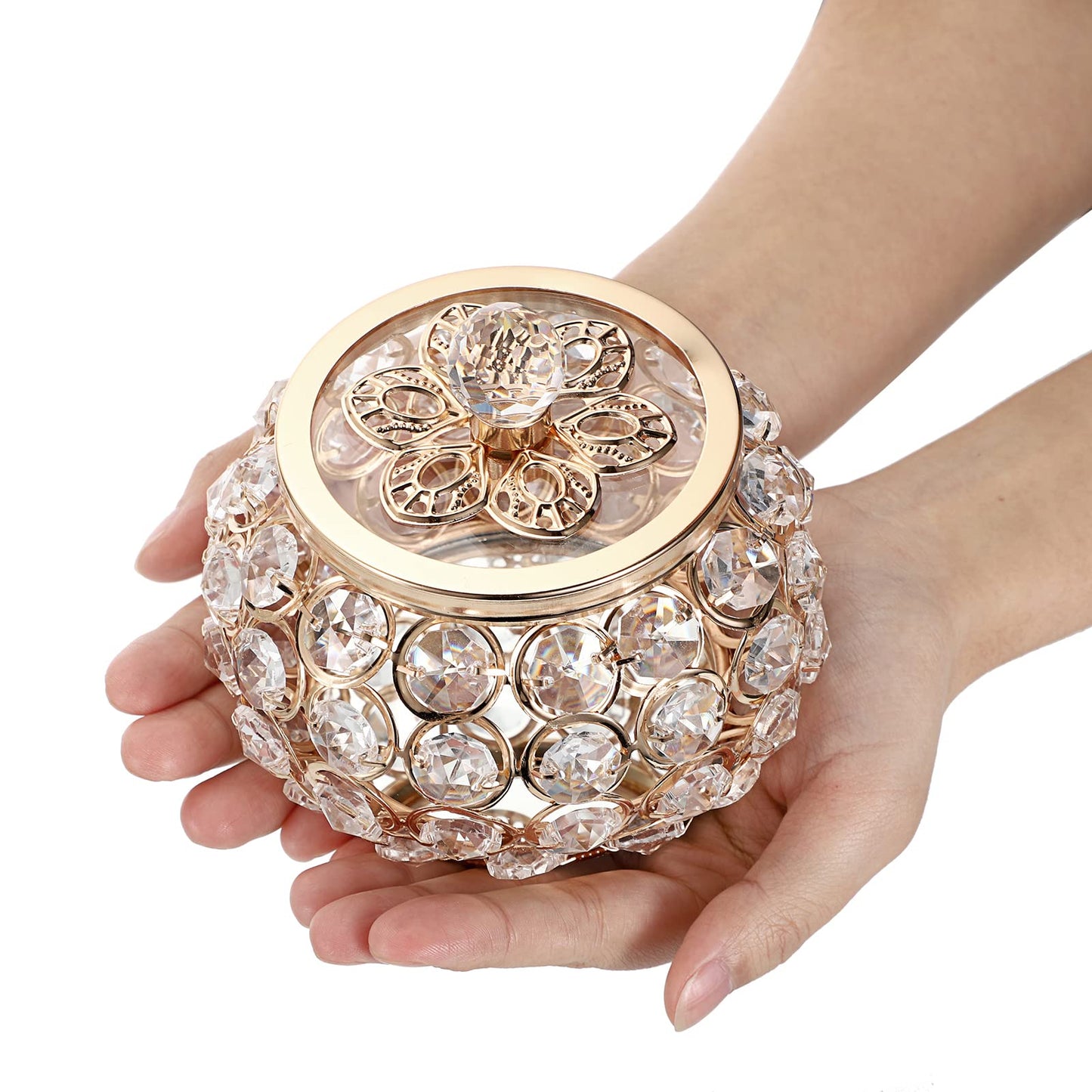 Hipiwe Crystal Jewelry Box with Glass Lid Small Trinket Organizer Mirrored Treasure Box Ring Holder Earrings Necklace Storage Box Keepsake Gift Box for Home Dresser Decor, Gold