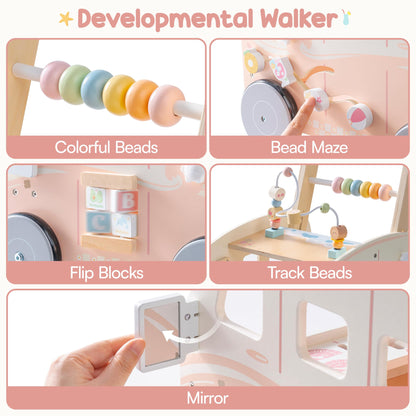 ROBOTIME Wooden Baby Walker, Baby Push Walker, Activity Center Toys, Ajustable Speed Multi-Functional Baby Walker with Wheels for Babies Learning to Walk (Pink)