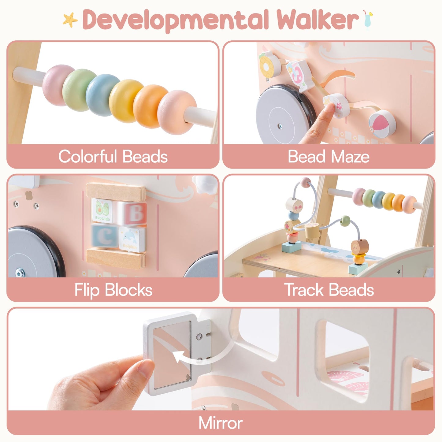ROBUD Wooden Baby Walker, Height & Speed Adjustable Baby Push Walker with Anti-Slip Wheels, Developmental Activity Center with Ocean Vacation Theme, Wooden Walkers for Babies Learing to Walk，Pink