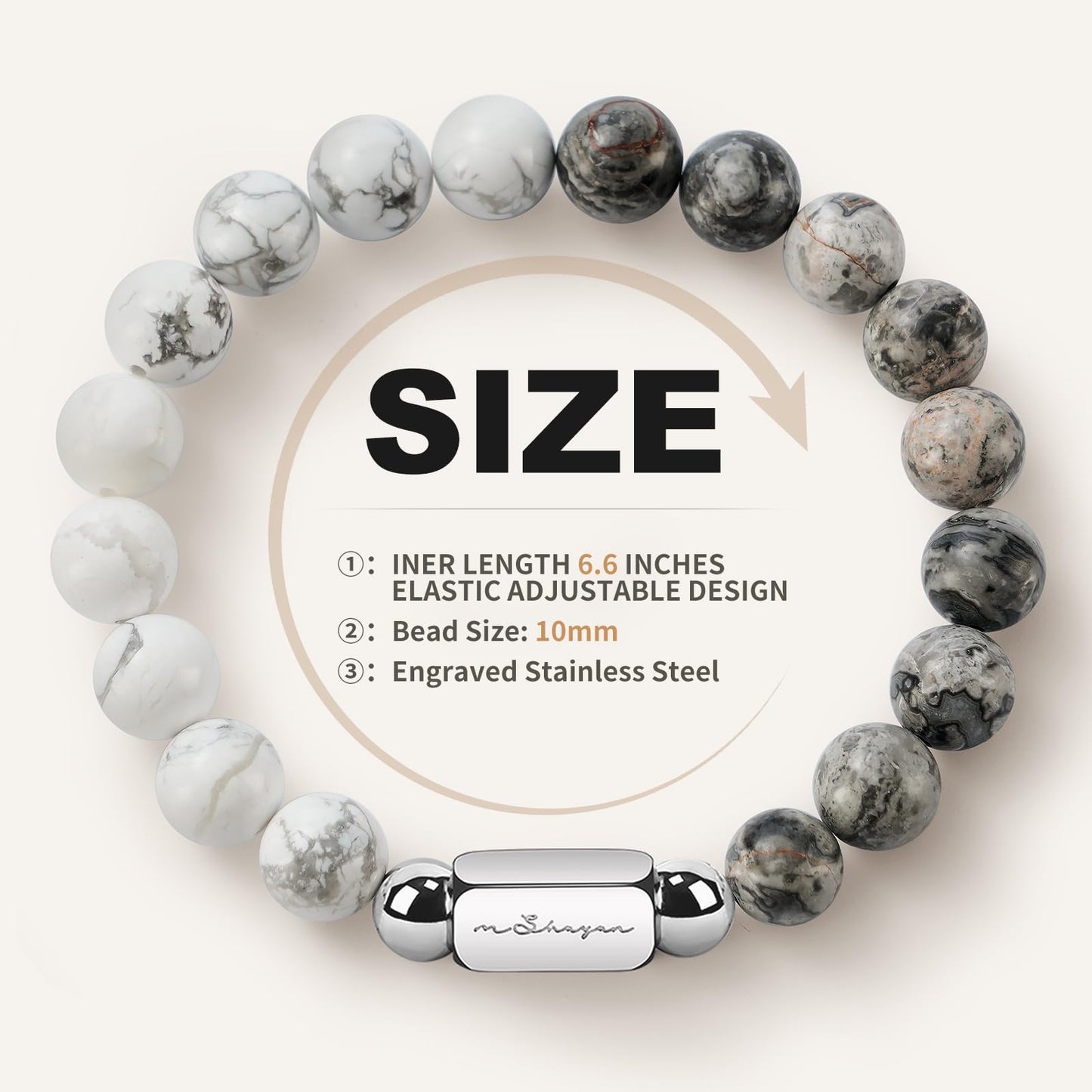 M SHUYUN Howlite Natural Gemstone Bracelet for Men and Map Gemstone for Teens Gifts, 10MM Men's Elastic Adjustable Beaded Bracelets for Men, Handcrafted Gifts For Anniversary,Christmas.