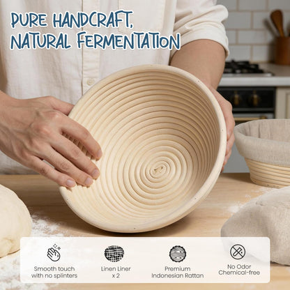 RORECAY Bread Banneton Proofing Basket Set, 9 Inch Round & 10 Inch Oval Cane Sourdough Baskets with Dough Whisk Lame Dough Scraper Bowl Scraper Silicone Brush Sourdough Bread Baking Supplies