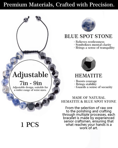 Beaded Bracelet for Men, 10mm Natural Stones Bracelet for Men's Gift, Adjustable Precision-Cut Gemstone Crystal Healing Bracelet, Protection Jewelry Gift with Hematite, Tiger Eye (Blue Spot Stone & Hematite)