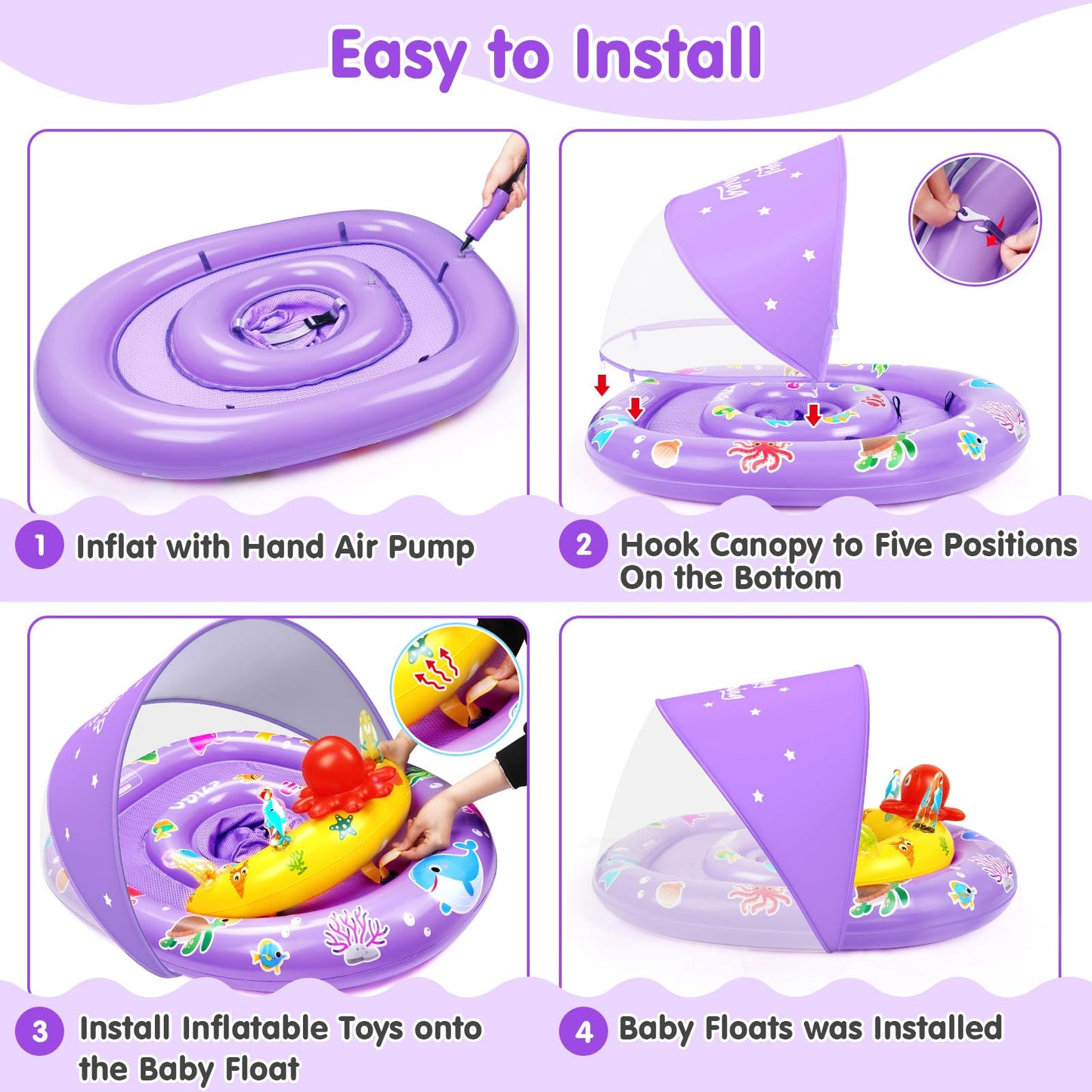 EZIGO Baby Pool Float with Canopy UPF 50+ Sun Protection, Double Air Chambers Infants Swimming Floats with Sound Toys Adjustable Safety Seat Toddler Float for Boys and Girls 6-36 Months (Purple)