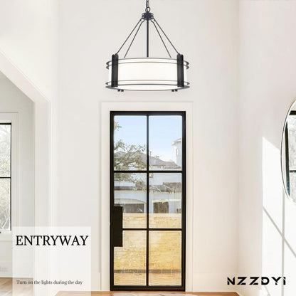 NZZDYI 20.4''Drum Chandelier,5-Light Fabric Modern Chandeliers,Black Farmhouse Round Pendant Light Fixture for Dining Room Kitchen Island Living Room Bedroom Hallway