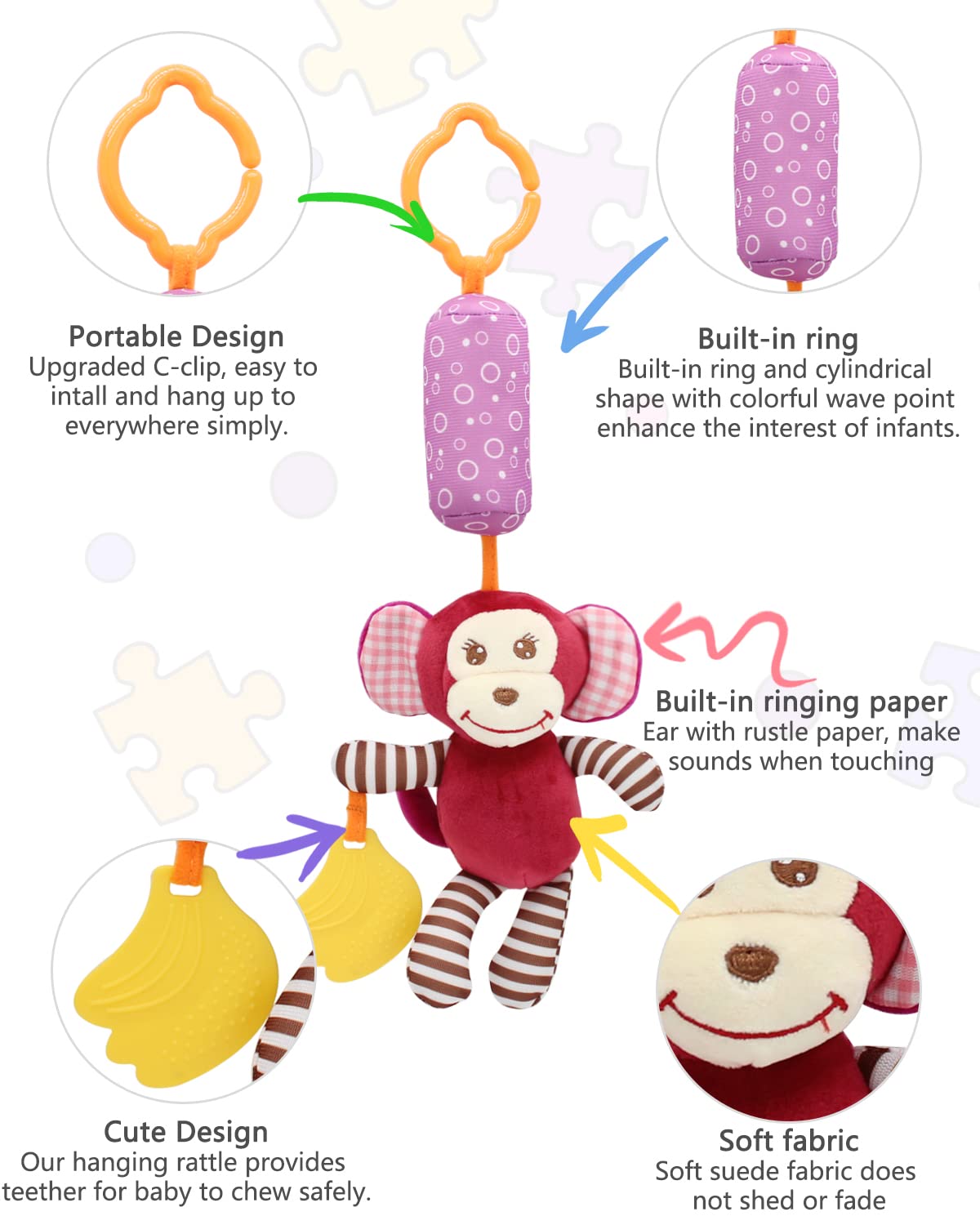 Baby Car Seat Toys, Infant Soft Plush Rattle, Cute Animal Doll,Early Development Hanging Stroller Toys for Newborn Boys Girls Gifts (12 PCS)