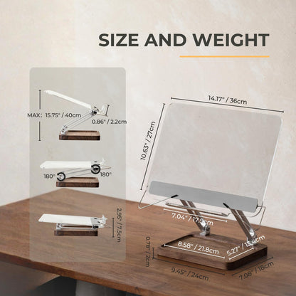 muso wood Acrylic Book Stand for Reading, Adjustable Book Holder with Walnut Storage and Elastic Clips, Desktop Riser Stand for Cookbook, Magazine, Tablet, Laptop
