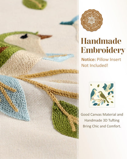 Kokaaee Embroidered Throw Pillow Cover 18x18 Inch - Spring Boho Decorative Pillow Covers with Zipper for Couch Sofa Bedroom Living Room Cushion Pillowcase, Birds Leaves