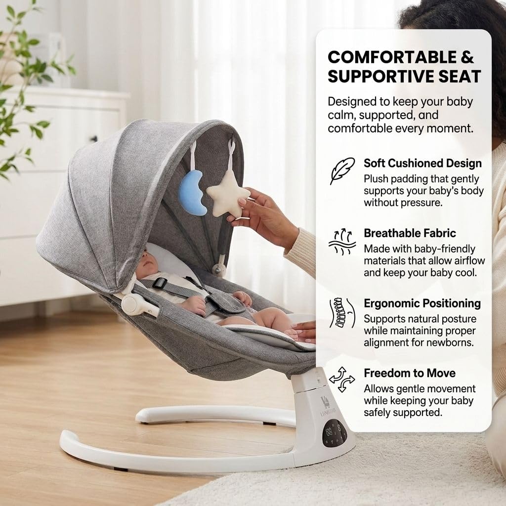 Baby Swing for Infants and Newborns, 3-in-1 Portable Infant Swing and Rocker Chair with Adjustable Motion, Music, 5-Point Harness, Lightweight Baby Seat for Indoor Use