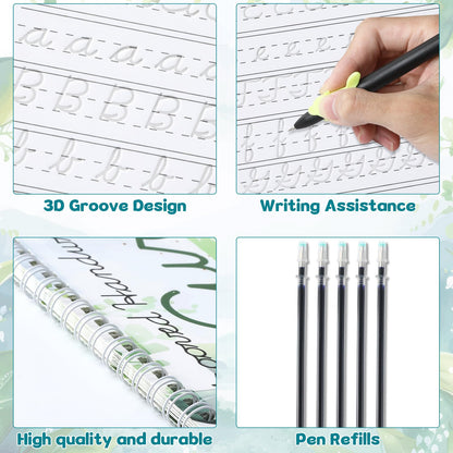 chiazllta Grooved Cursive Handwriting Workbook with Disappearing Ink Pens Magic Reusable Grooved Cursive Writing Practice for Beginners Kids Kickoff Student Workbook Homeschooling Supplies (Letters)