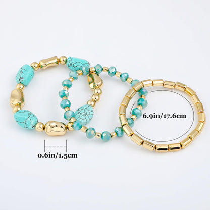 Aigrnc Boho Beaded Stretch Bracelets For Women Stackable Crystal Gold Plated Beaded Bracelets Set Trendy Handmade Friendship Braeclet Jewelry Gifts (L-Turquoise 3 pcs)