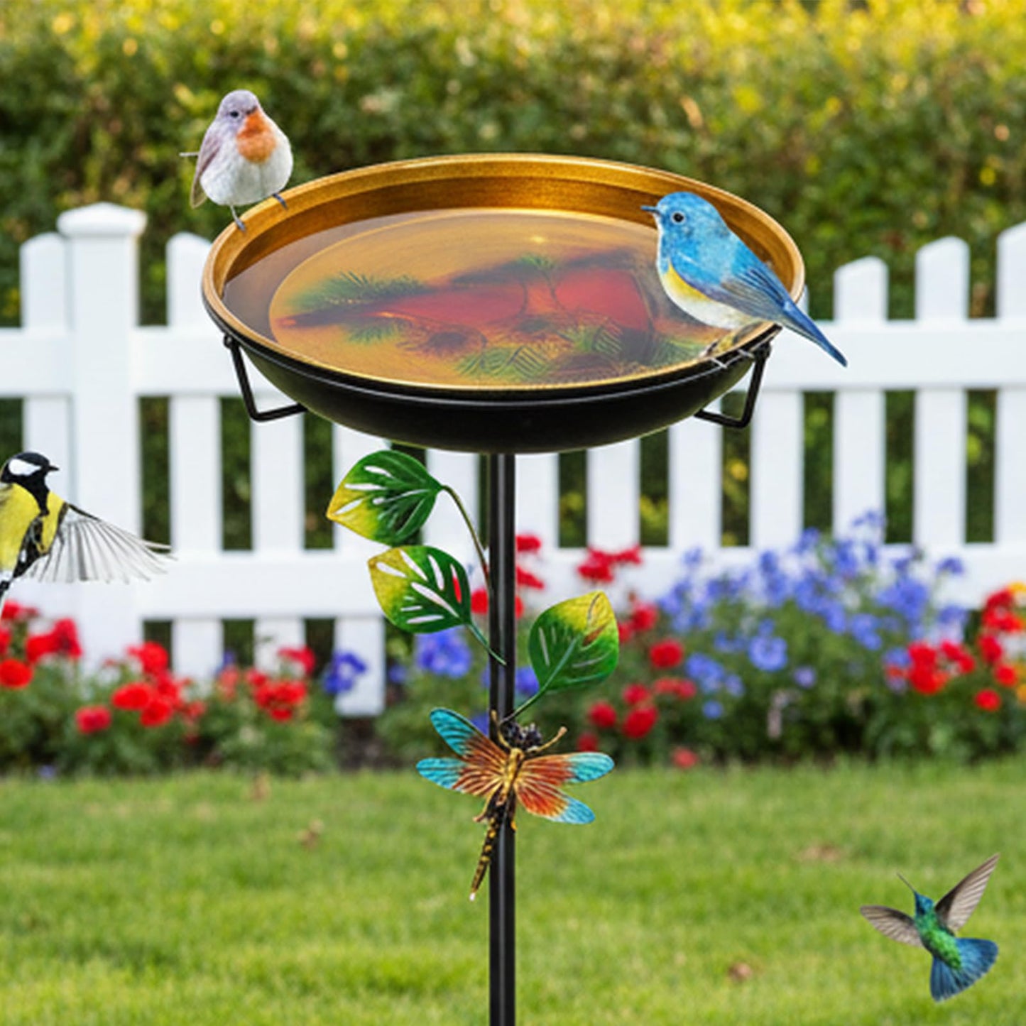 35.4In Metal Bird Bath for Outside, Freestanding Garden Birdbaths & Birdfeeder with Upgraded 5 Prongs Base, Bird Baths Feeder Water Bowl for Outdoors Patio Yard Lawn Art Decor (Yellow+Red)