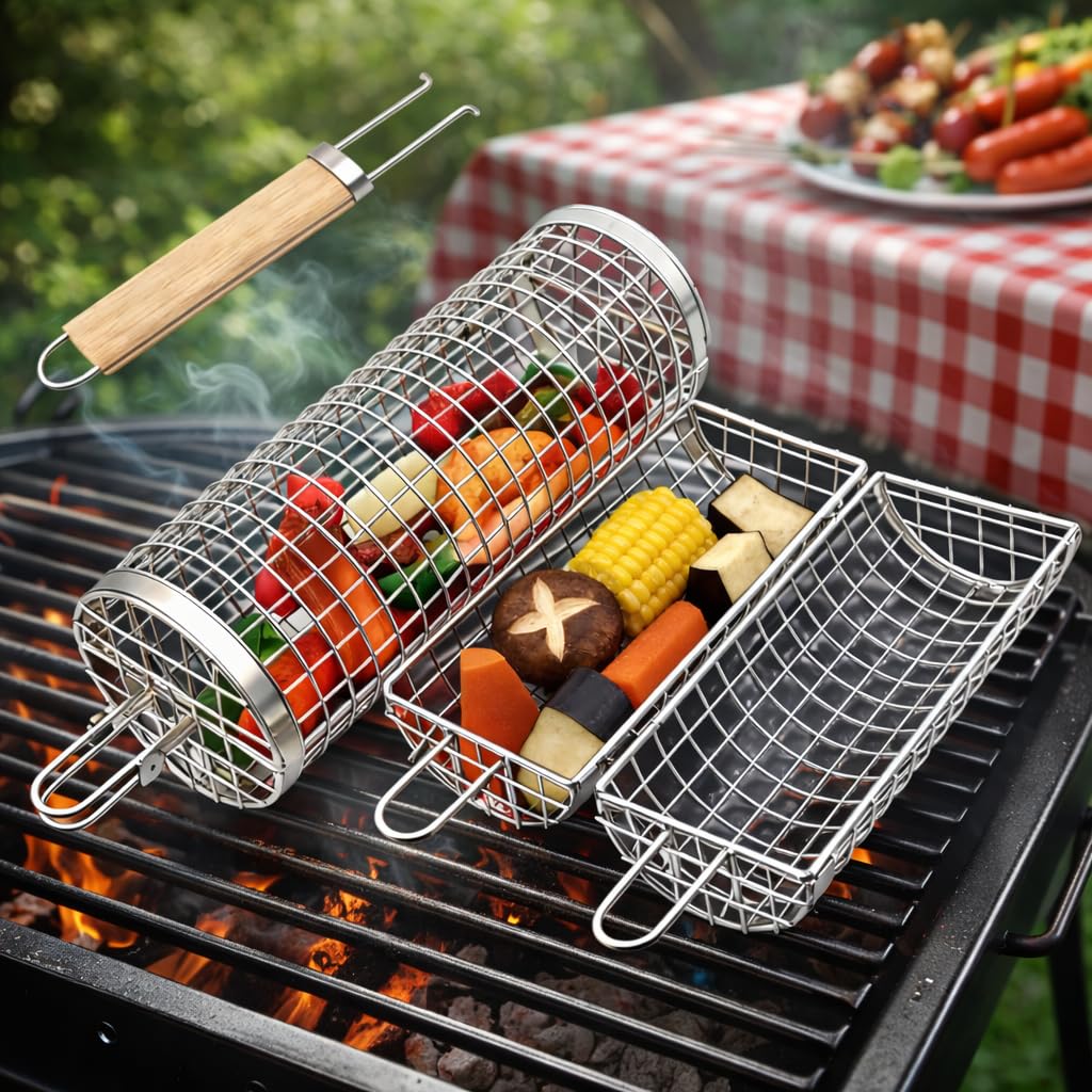 Rolling Grill Basket for Vegetables, Kebabs & Shrimp – 304 Stainless Steel BBQ Accessory with Side-Opening Design, Ideal for Outdoor Cooking & Camping (Rolling Grill Basket)
