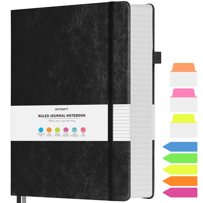 College Ruled Notebook, Large B5 Lined Journal Notebook, 314 Numbered Pages Work Notebook with Index Stickers, 100gsm Thick Paper, Hardcover Vegan Leather Journal for Women Men School Office, Black