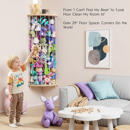 Zayysoha Corner Stuffed Animal Storage Zoo, Large Adjustable Solid Wood Plush Toy Organizer, Hanging Stuffie Holder Shelf & Cage with Engraved Dinosaur Star Moon for Kids Nursery Playroom