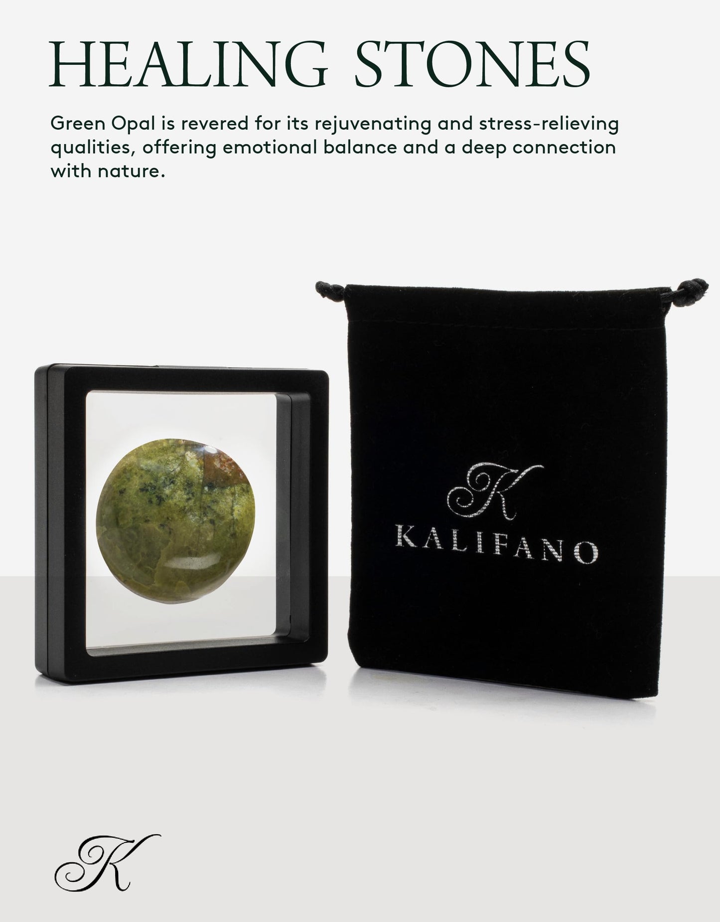 KALIFANO Palm Stone with Healing & Calming Effects - AAA+ Grade High Energy Worry Stone with Information Card - Reiki Crystal Used for Intuition (Family Owned and Operated) (Green Opal)