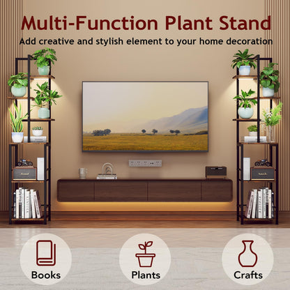 Plant Stand Indoor with Grow Light, 6-Tiered Tall Plant Stand Indoor, Metal Plant Shelf with Bookshelf Bookcase and Adjustable Light, Ideal for Living Room, Reading room, Garden, Patio (Brown)
