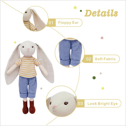 Mikee Fluffie 15" Bunny Stuffed Animals for Baby, Plush Toy Doll -Wearing Striped T-Shirt and Pants,Cute Doll Set Dress Up for 3 4 5 Year Old Girl - Gift for Birthday