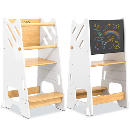 Toddler Standing Tower with Safty Rail & Non-Slip Pads, 3 Height Adjustable Toddler Tower with Chalkboard, Great for Kitchen Activities, Hand Washing & Creative Play, White