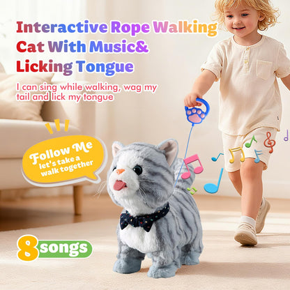 Gray Walking Cat Toy for Girls Kittens Interactive Talking Cat Meows Singing Dancing Mimicking Kitty Toys Set for Baby with Leash Plush Electronic Robot Kitties for Kids Toddlers