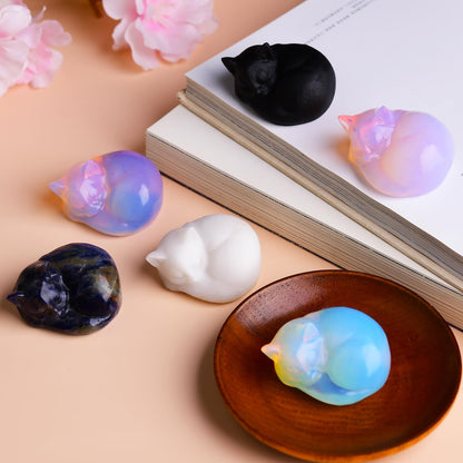 Ytbeoxk 2.1 Inch Opal Cat Crystals Statue cat Sleeping Decor Healing Crystal Cute Kitten Figurines Hand Carved Stone Energy Gemstones for Luck Statue in Home and Office Meditation for Cat Lover