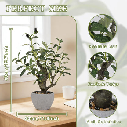 KAIRNE Artificial Olive Tree Potted,15.7” Tall Fake Green Plants,Realistic Leaves Decorative Table Decor,Lifelike Branches and Fruits Planter,Rustic Design Faux Plants for Home Office Desk Decor
