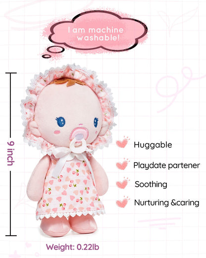 LeyaDoll Soft Baby Doll Toys (9''), My First Baby Rag Doll for 1 Year-Old Girl Birthday Gift, Christmas Plush Toys Gift for Toddler Kids Infants-Cherry Baby