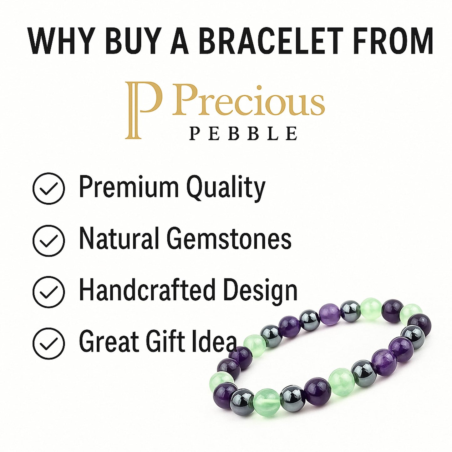 PRECIOUS PEBBLE Amethyst, Fluorite, Hematite Bracelet for Men & Women – Natural 8mm Beads for Calm, Focus & Inner Balance – Adjustable Stretch Fit Crystal Bracelets for Daily Wear & Meaningful Gift