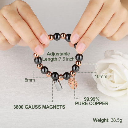 Fashtour Copper Beads Bracelet for Women and Men, Adjustable 99.99% Pure Copper Beads with 10mm Hematite Stones, Magnetic Beaded Jewelry Gift with Tree of Life Charm (10mm)