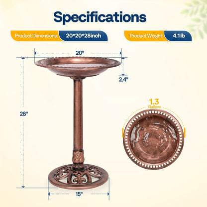 VIVOHOME Bird Bath for Outside, Polyresin Pedestal Bird Baths for Outdoor, Garden, 28 Inch Height Weather-Resistant Birdbaths with 20" Bowl, Antique Bronze