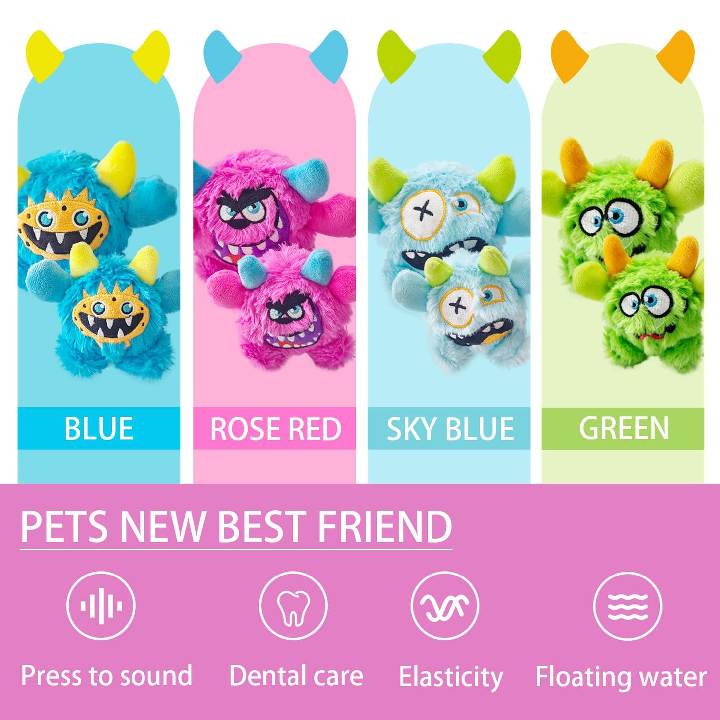 FCCUM Squeaky Plush Ball Dog Toy, Little Monster Puppy Toys Suitable for All Breeds, Dental Care, Skin-Friendly and Soft and Durable (Rose Red, Large)