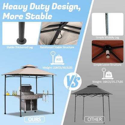 FAB BASED 5x8 Grill Gazebo, All-Weather Steel Construction, Double Tiered & Resistance Canopy Roof, Metal Serving Shelves, 2 LED and Bottle Opener for Patio, Backyard, BBQ (Beige)