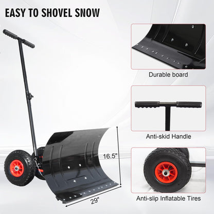 Single Rod Snow Shovel for Driveway - Lightweight Metal Snow Pusher with Wheels, 29" Adjustable Blade for One-Handed Snow Removal