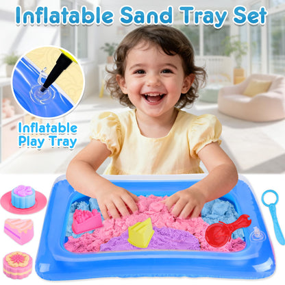 Crelloci Cake Play Sand Toys, Sensory Bin with 3 Colors Sand, Inflatable Sandbox & Air Pump, 12 Cake & 5 Shaped Molds, Tools, Art Kit Gift for Kids Toddlers Girls Boys Ages 3 4 5 6 7 8 9 Years Old