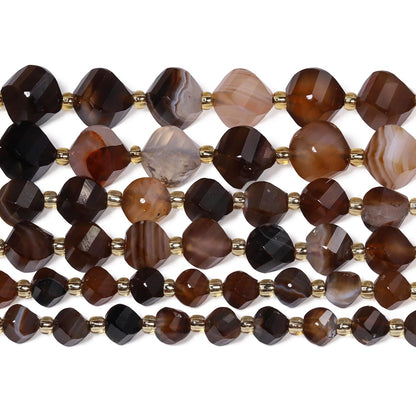 Yochus 42pcs Natural Brown Striped Agate Stone Beads for Bracelet，2strands 6mm Facted Twist Loose Gemstone Beads for Jewelry Making DIY Craft Necklace Earring