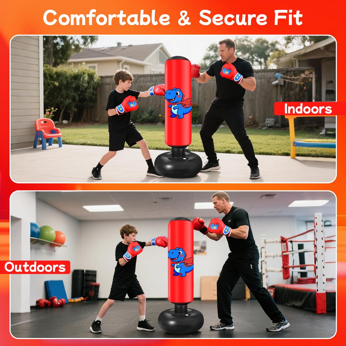 Inflatable Punching Bag for Kids: Qoosea 48 Inches Kids Bop Bag Boxing Gloves & Air Pump Dinosaur Toy Gift for Toddler & Kid Ages 3-8,Freestanding Punching Bag Easy to Inflate,Durable Safe Boxing Bag